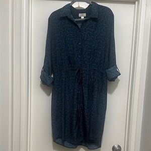 LOFT Dark Blue/Teal Floral Long Sleeve Dress